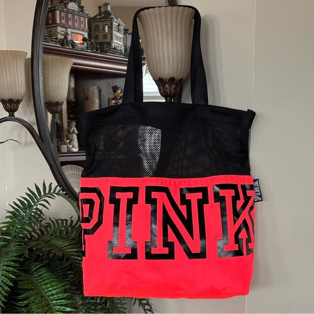 PINK Victoria's Secret Neon Coral & Black Mesh Beach Tote Bag Graphic Logo Y2K